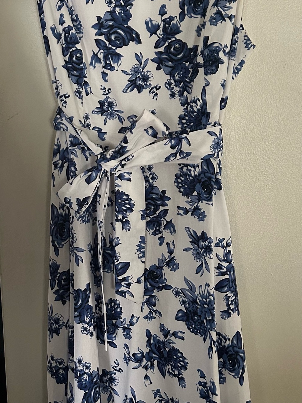 Blue Floral Midi Dress with Waist Tie - Picture 2 of 7